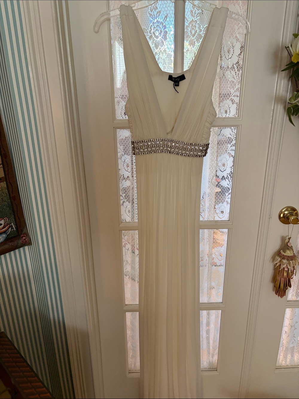 Sky white Maxi Dress with rhinestone Waistband. NWOT